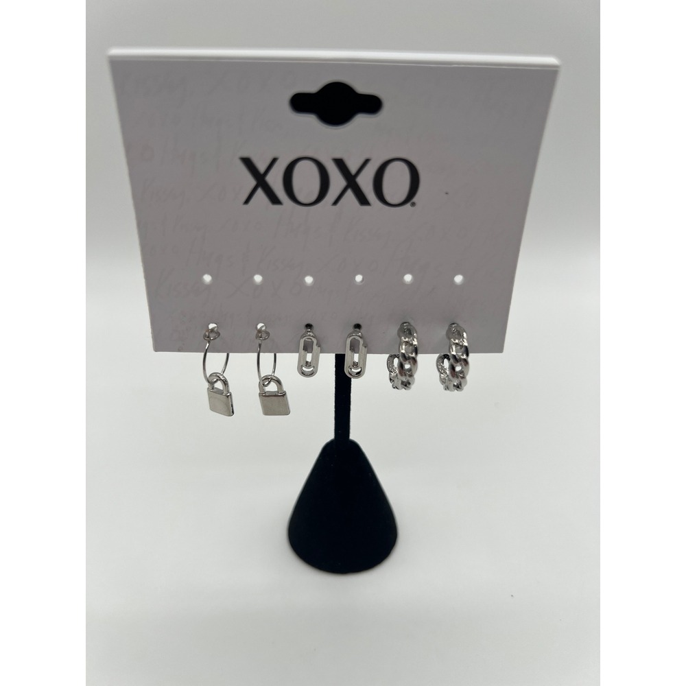 XOXO Silver Tone Earring Set 3 Pairs Padlock Paperclip Curb Chain Hoops Studs